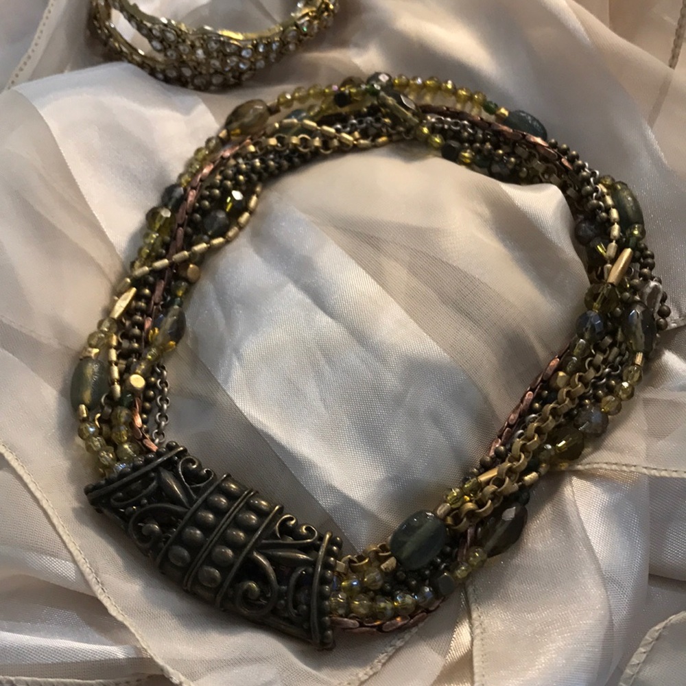 Chico's Multi-Strand Olive Green and Antique Gold Beaded Necklace